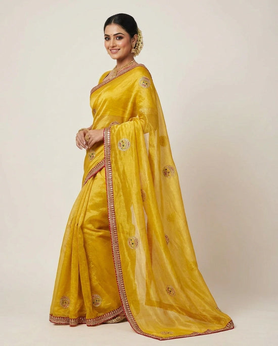 Mustard Fandy Tissue Embroidered Saree with Sequin Detail - Rangoli India