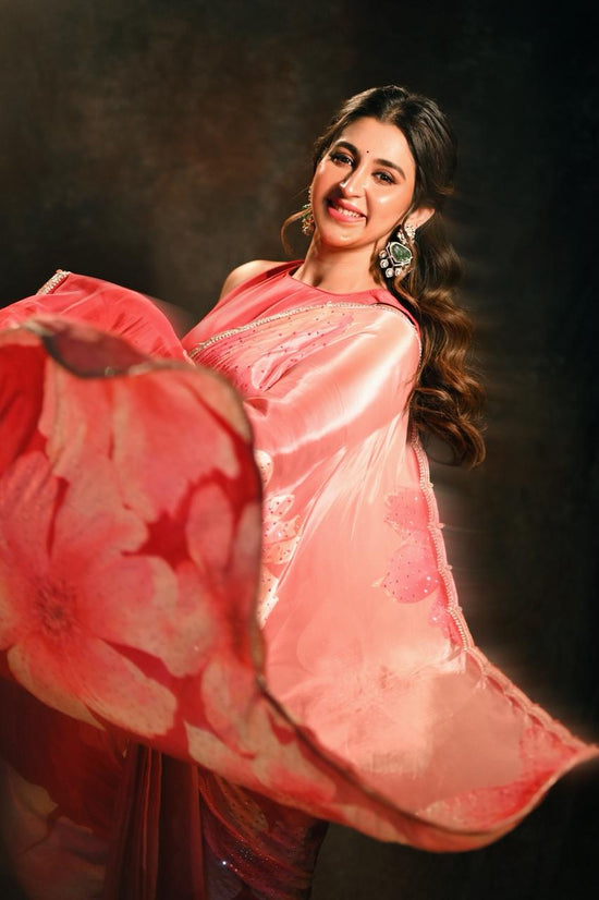 Coral Bloom Ombre Organza Saree with Crystal Border & Floral Print - chinon; crepe Indian ethnic wear by Rangoli