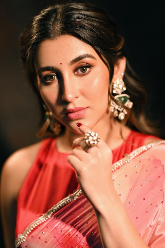 Coral Bloom Ombre Organza Saree with Crystal Border & Floral Print - chinon; crepe Indian ethnic wear by Rangoli