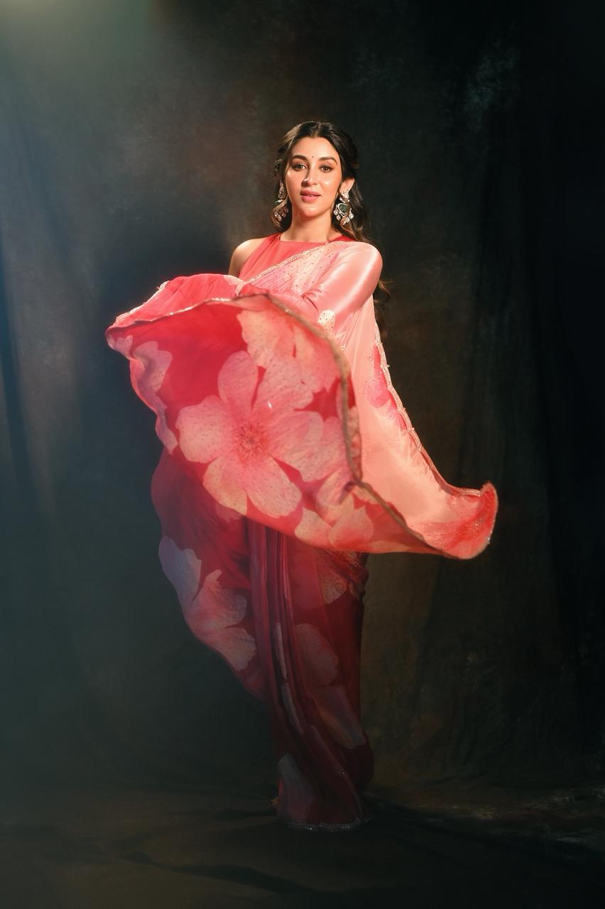 Coral Bloom Ombre Organza Saree with Crystal Border & Floral Print - chinon; crepe Indian ethnic wear by Rangoli