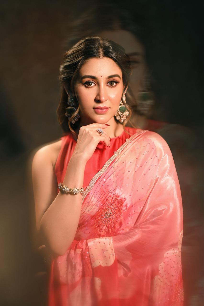 Coral Bloom Ombre Organza Saree with Crystal Border & Floral Print - chinon; crepe Indian ethnic wear by Rangoli