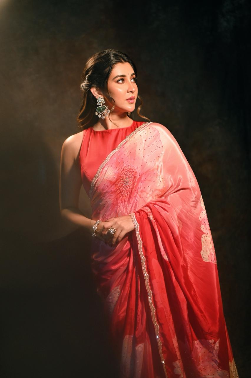 Coral Bloom Ombre Organza Saree with Crystal Border & Floral Print - chinon; crepe Indian ethnic wear by Rangoli
