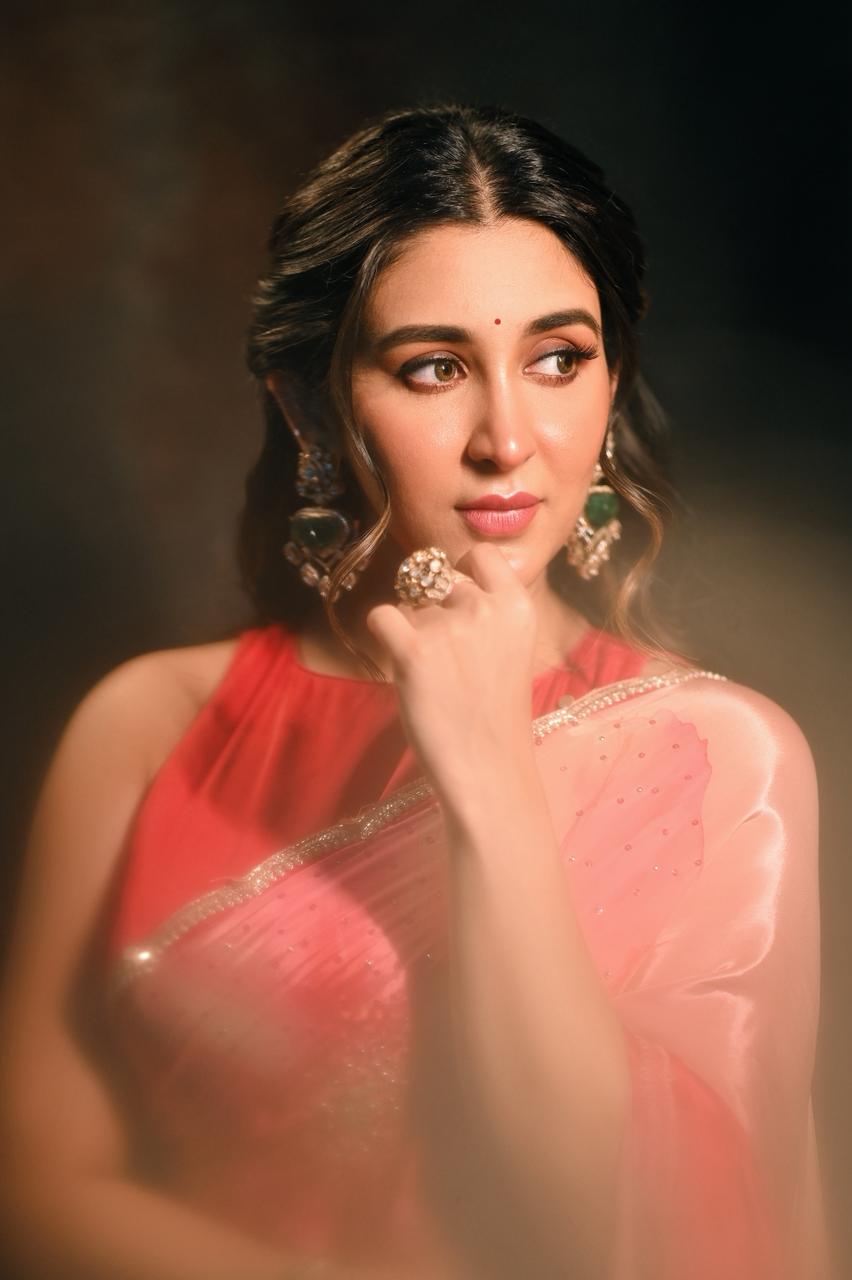 Coral Bloom Ombre Organza Saree with Crystal Border & Floral Print - chinon; crepe Indian ethnic wear by Rangoli