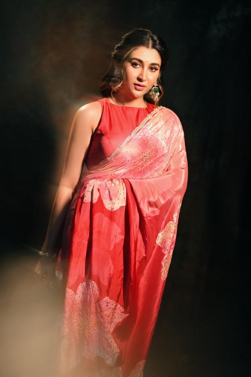 Coral Bloom Ombre Organza Saree with Crystal Border & Floral Print - chinon; crepe Indian ethnic wear by Rangoli
