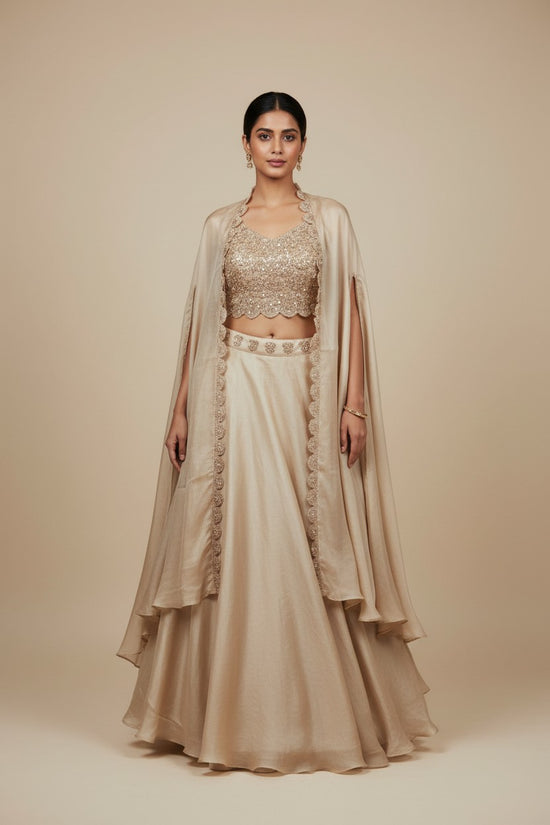 Champagne Gold Embellished Lehenga Croptop - satin; synthetic Indian ethnic wear by Rangoli