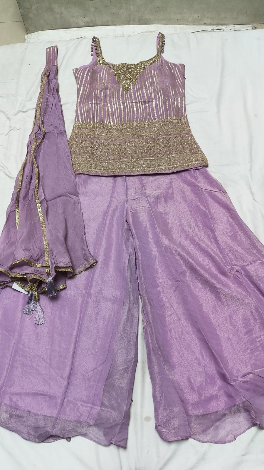 Elegant Lavender Silk Kurta Set with Flared Palazzo Pants