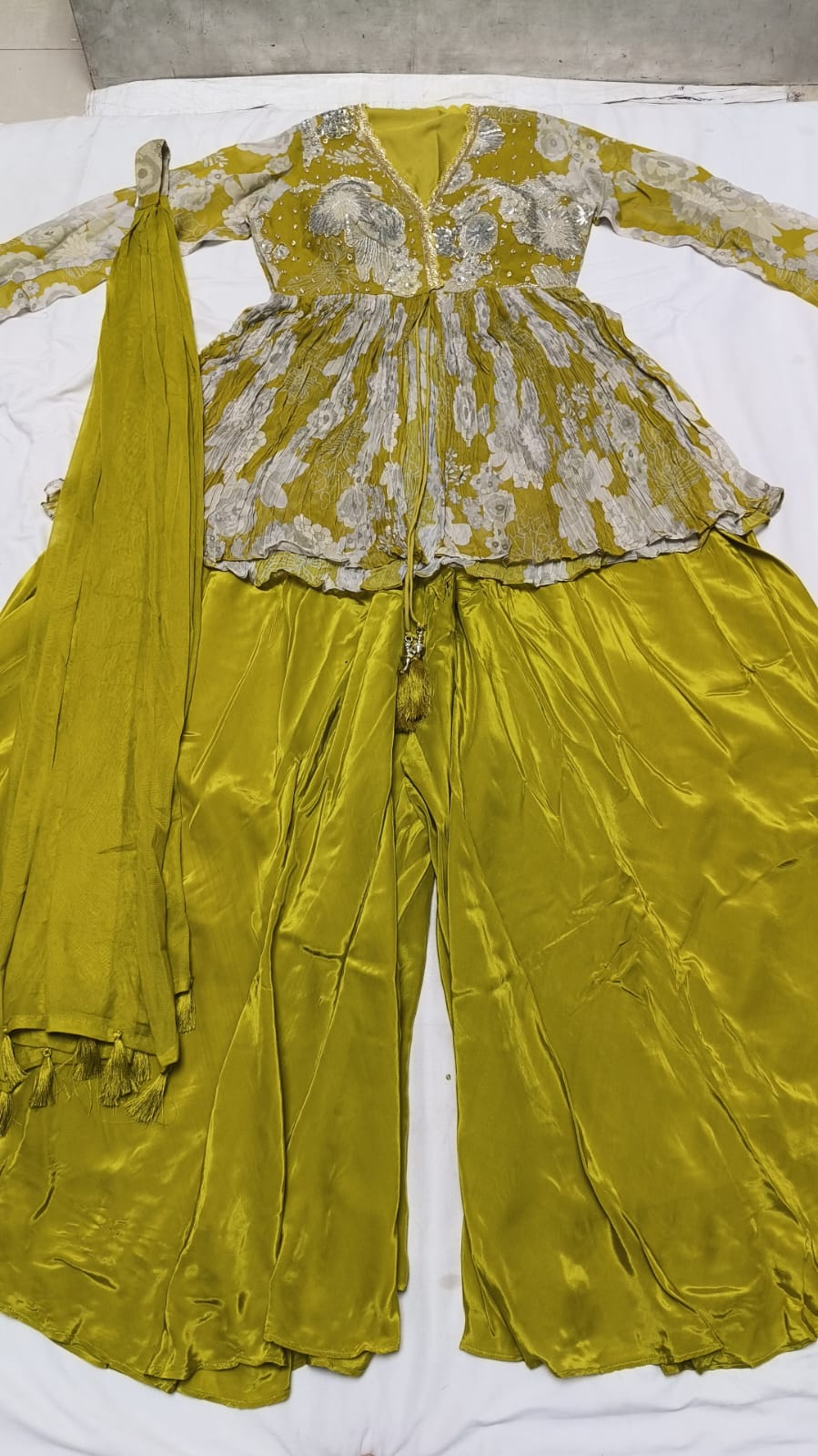 Lime Green Floral Embellished Kurta Set with Palazzo & Dupatta