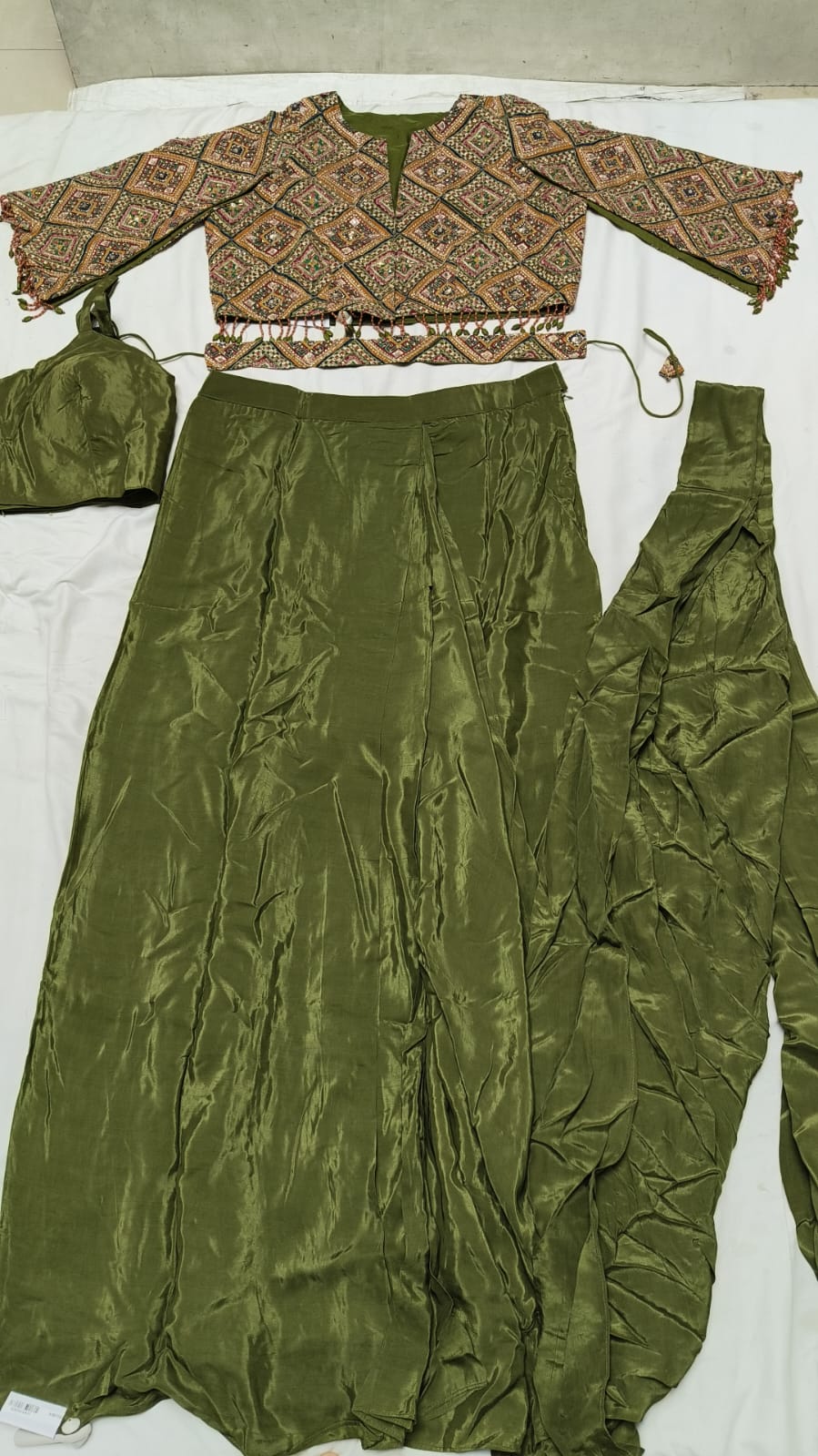 Modern Olive Green Drape Skirt Set with Statement Jacket