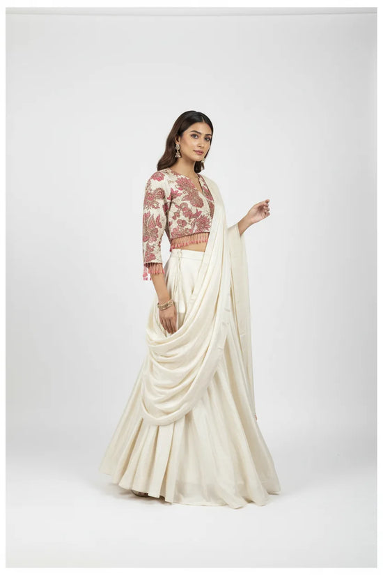 Ivory Silk Kurta Palazzo Set with Jacket Palazzo Suit by Rangoli
