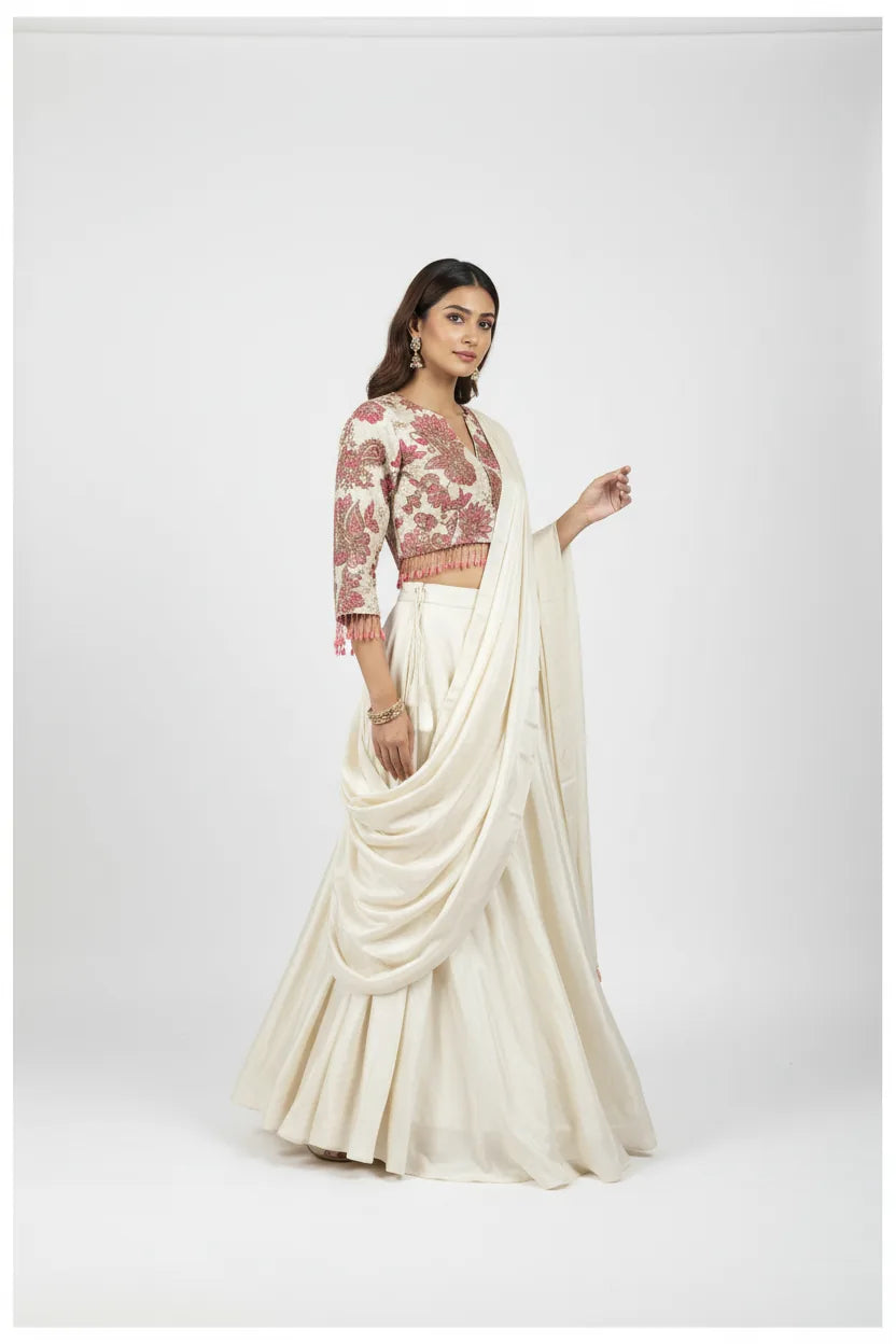 Ivory Silk Kurta Palazzo Set with Jacket Palazzo Suit by Rangoli