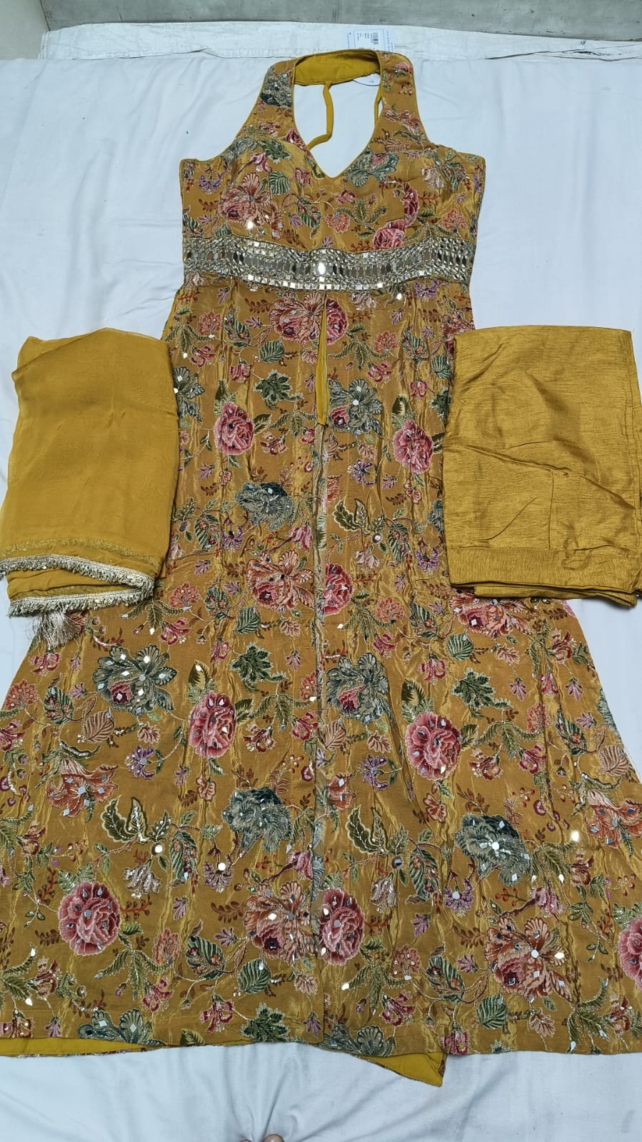 Mustard Floral Embroidered Anarkali Set with Dupatta