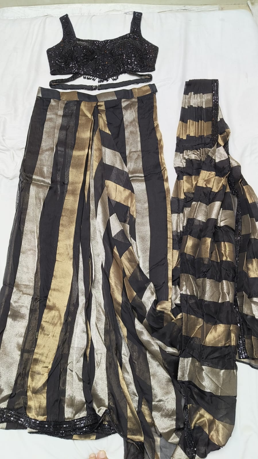 Designer Black Gold Striped Drape Saree with Statement Blouse