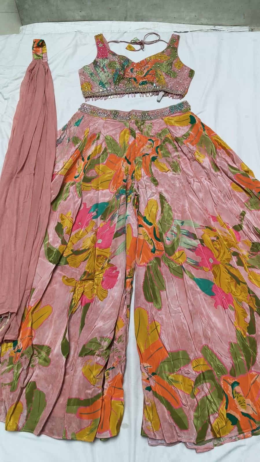 Blush Mauve Floral Printed Choli Palazzo Set with Embellished Blouse & Dupatta