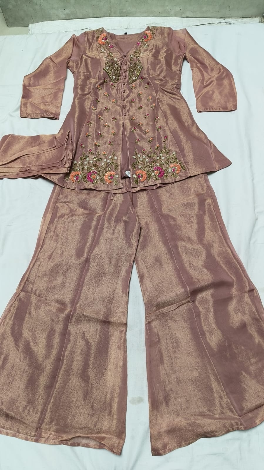 Soft Onion Pink Silk Kurta Palazzo Set with Hand Embroidery