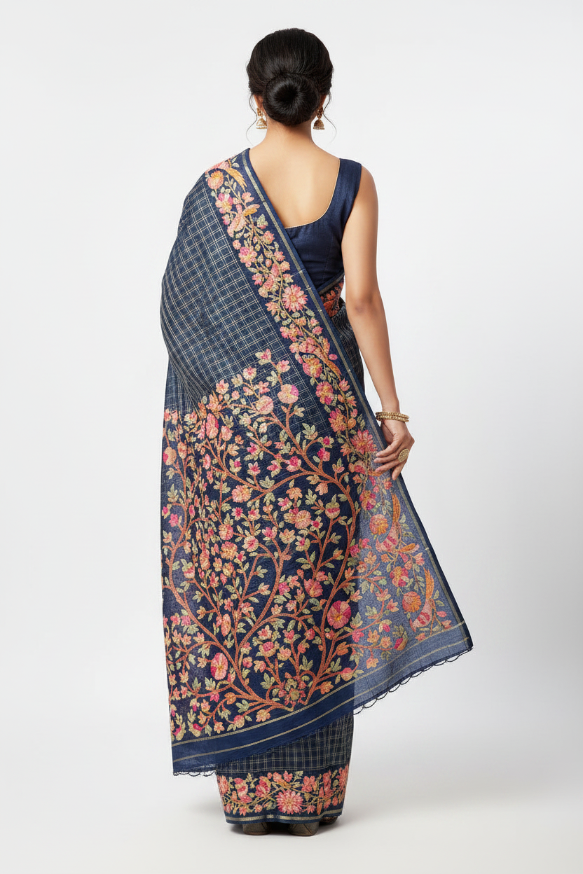 Blue Handcrafted Tussar Silk Parsi Embroidery Saree