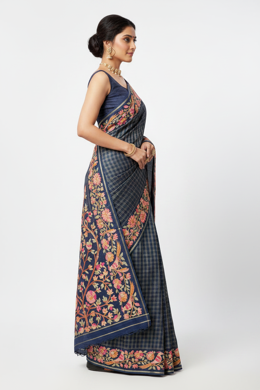Blue Handcrafted Tussar Silk Parsi Embroidery Saree