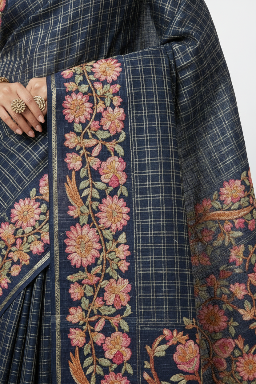 Blue Handcrafted Tussar Silk Parsi Embroidery Saree