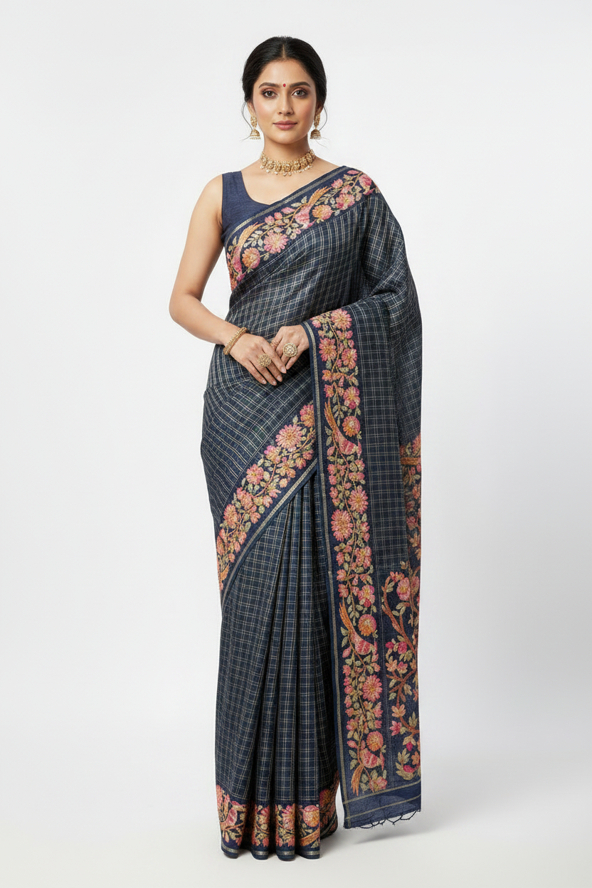 Blue Handcrafted Tussar Silk Parsi Embroidery Saree
