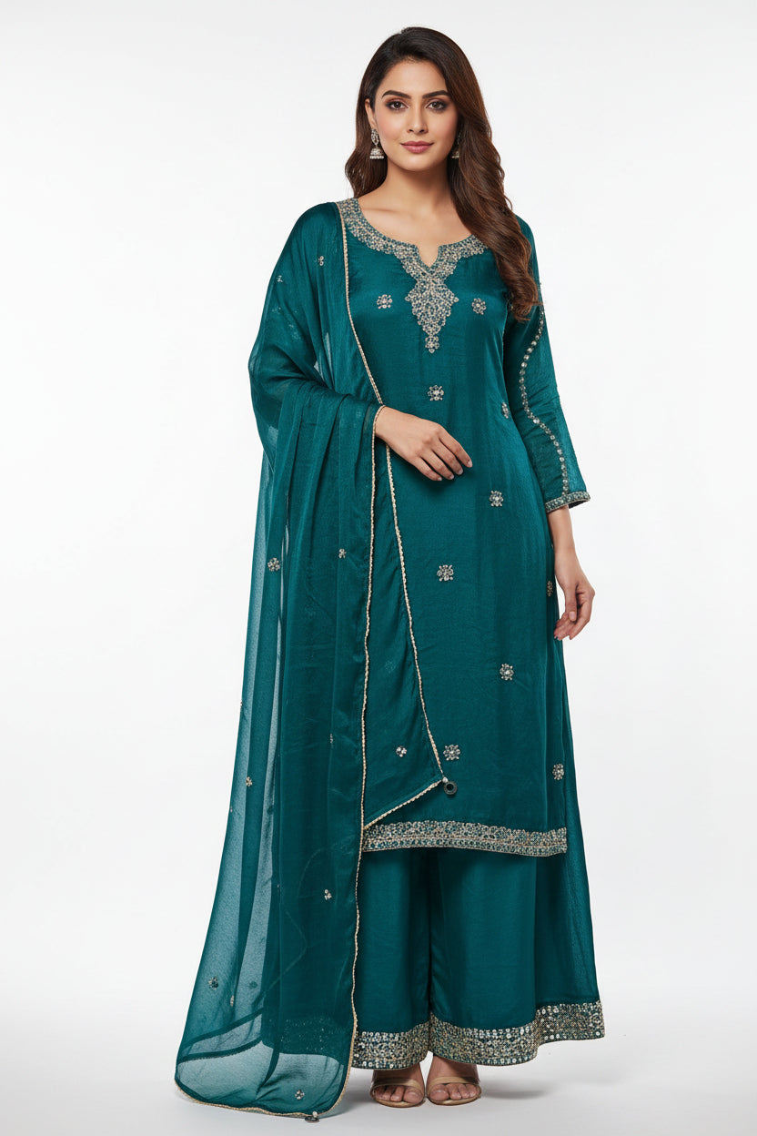 Peacock Blue Satin Patiala Suit with Mirror Embroidered Neck and Hem