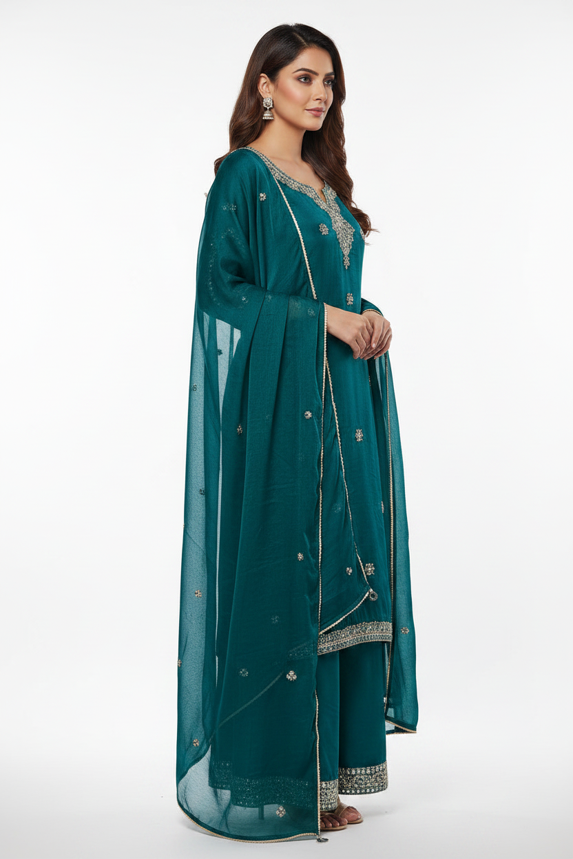 Peacock Blue Satin Patiala Suit with Mirror Embroidered Neck and Hem