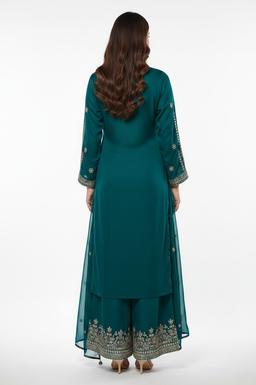 Peacock Blue Satin Patiala Suit with Mirror Embroidered Neck and Hem