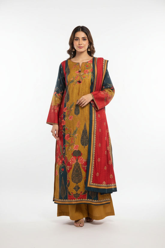 Traditional outfit with red, yellow, and blue patterns on a white background