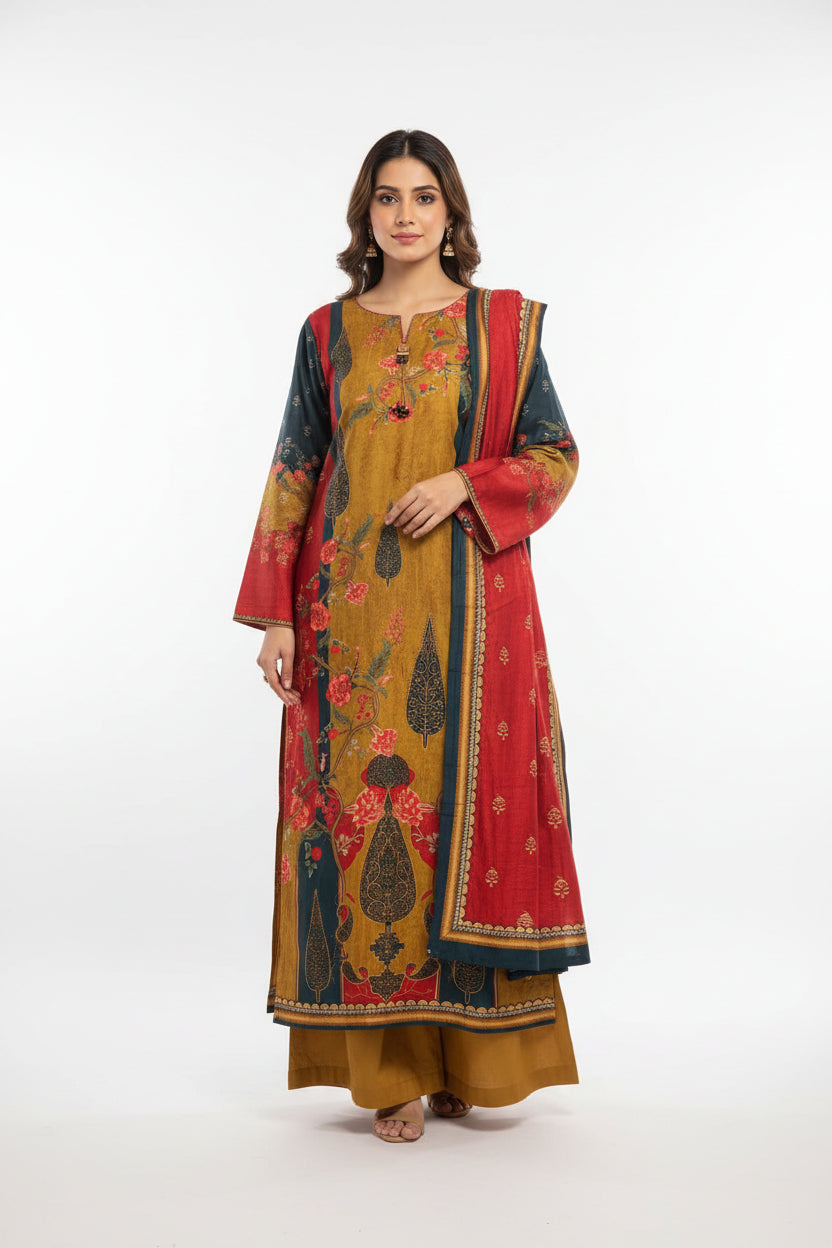 Traditional outfit with red, yellow, and blue patterns on a white background