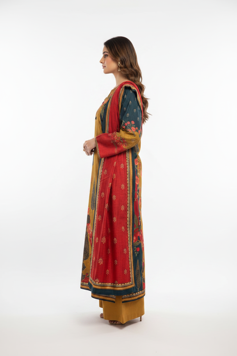Mustard Muslin Straight Suit with Floral Print and Contrast Dupatta