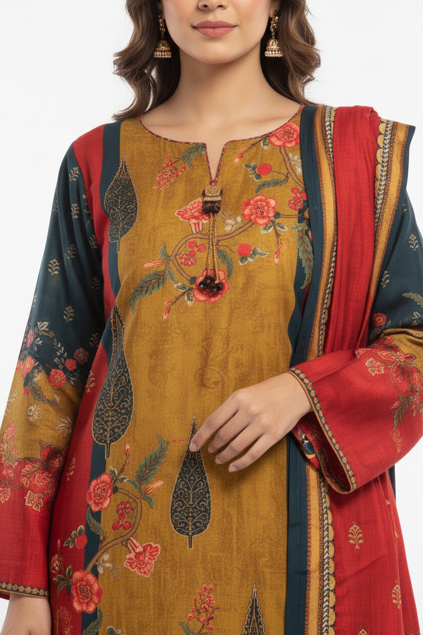 Mustard Muslin Straight Suit with Floral Print and Contrast Dupatta