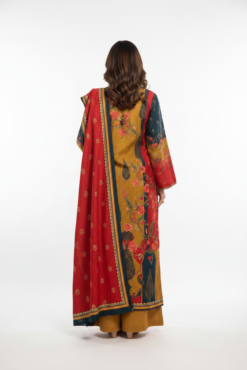 Mustard Muslin Straight Suit with Floral Print and Contrast Dupatta