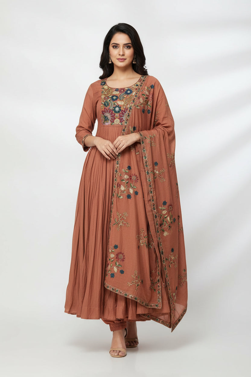 Graceful Mal Cotton Chanderi Anarkali Suit - cotton Indian ethnic wear by Rangoli