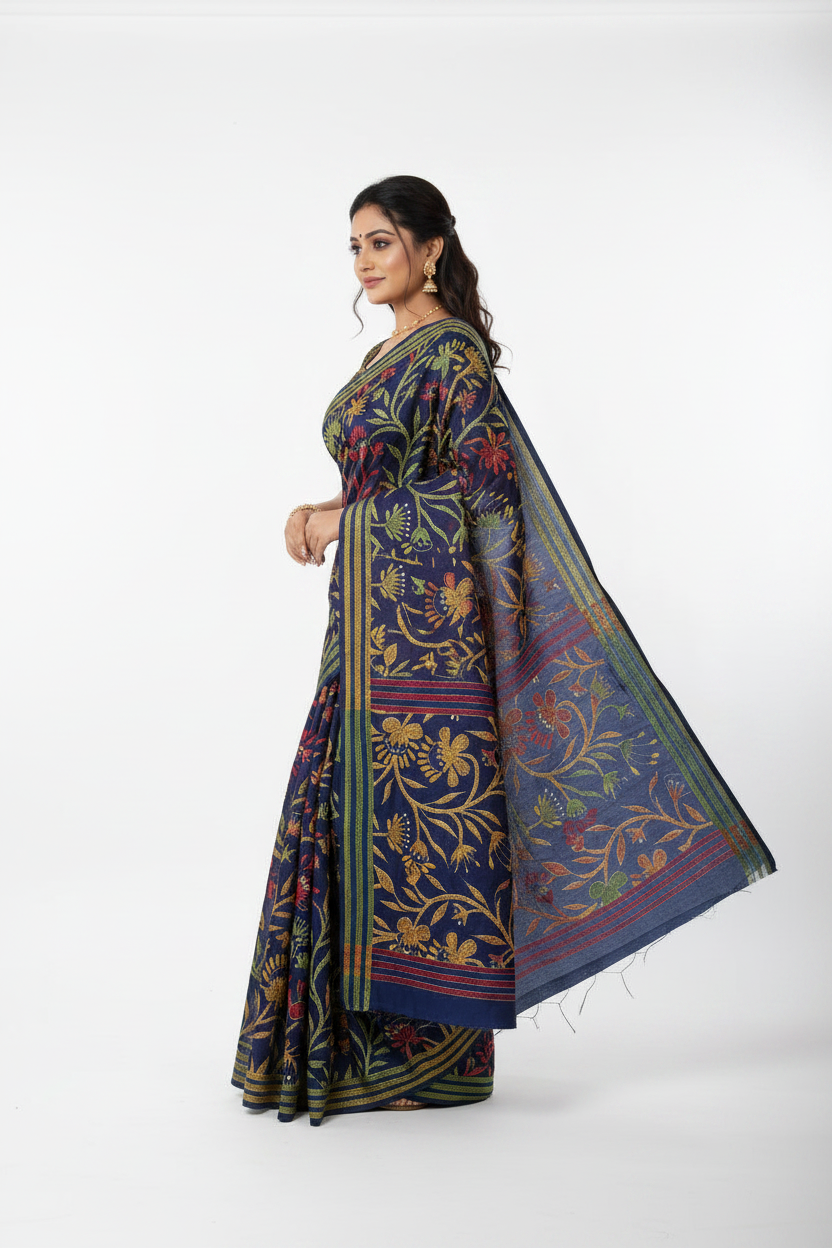Navy Blue Handcrafted Tussar Bengal Katha Embroidery Saree