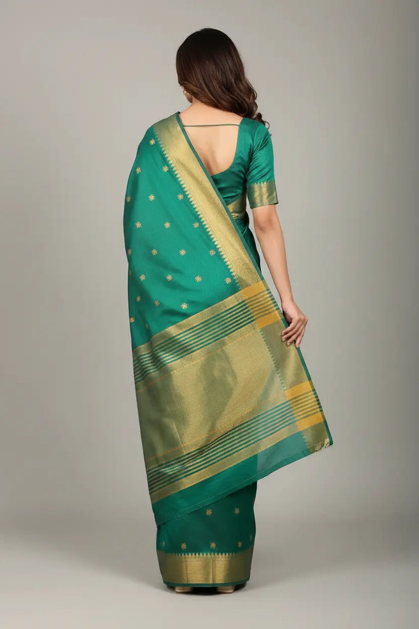 Woman wearing a green saree with gold border on a gray background