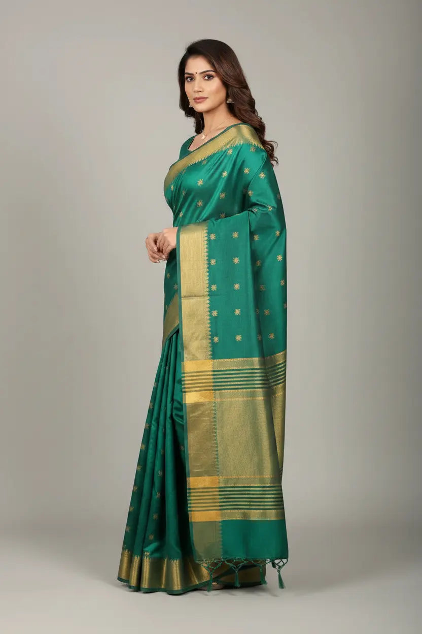 Woman wearing a green saree with gold patterns on a plain background