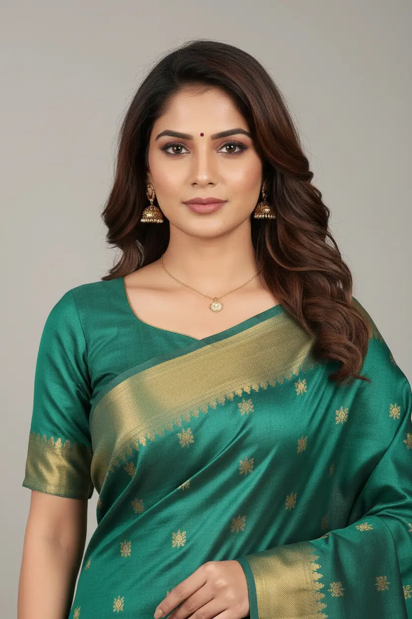 Woman wearing a green saree with gold border against a plain background