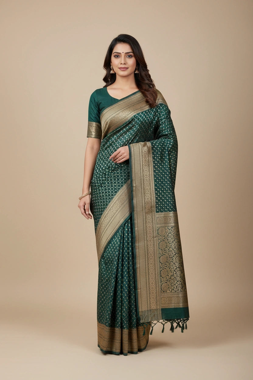 Artisan Pure Cotton Banarasi Silk Saree - Bottle Green | Rangoli