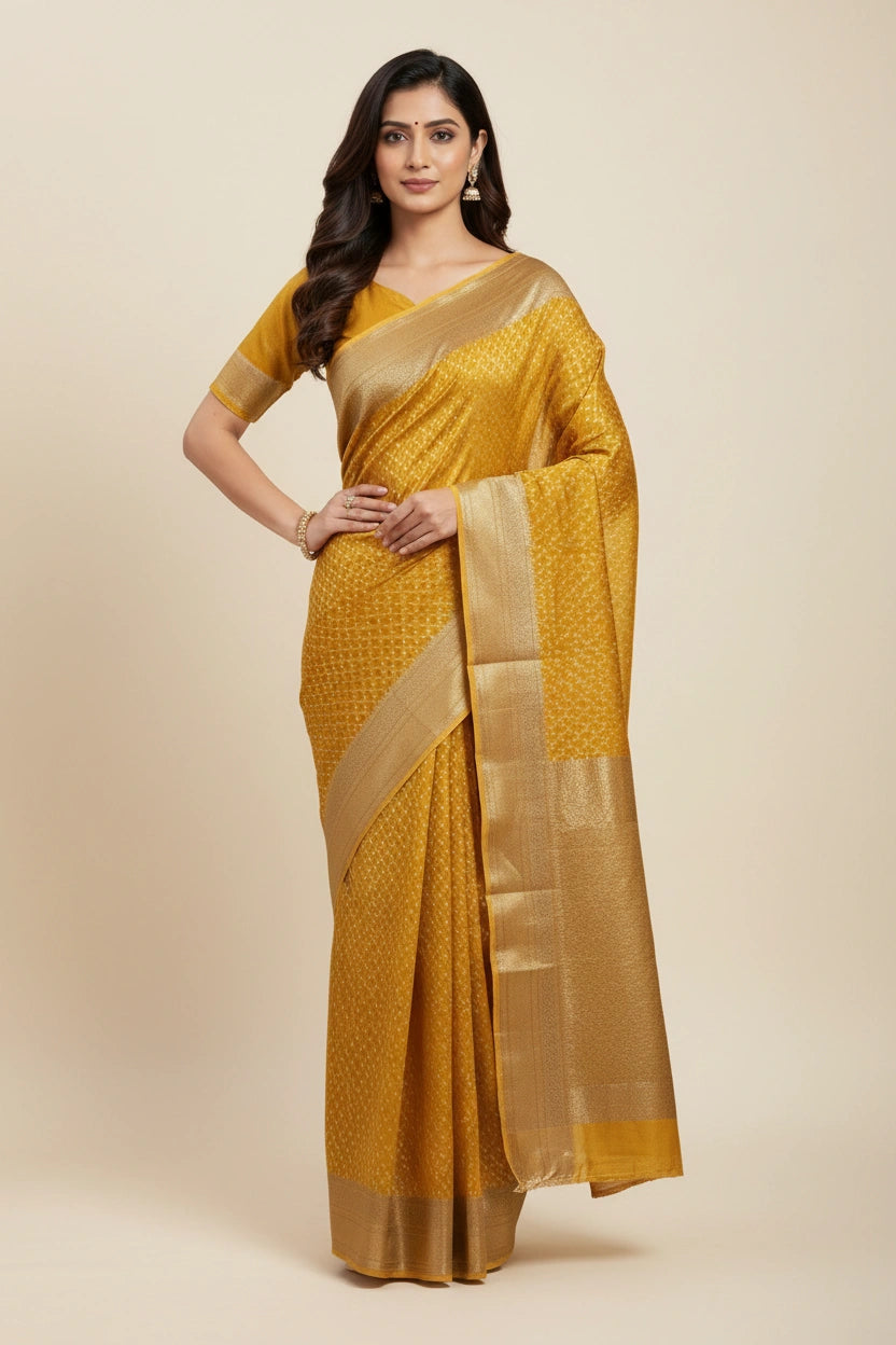 Artisan Pure Cotton Banarasi Silk Saree - Mustard | Rangoli