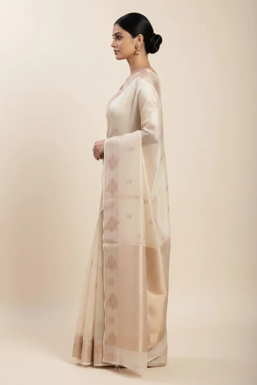 Woman wearing a beige saree with a subtle pattern on a plain background