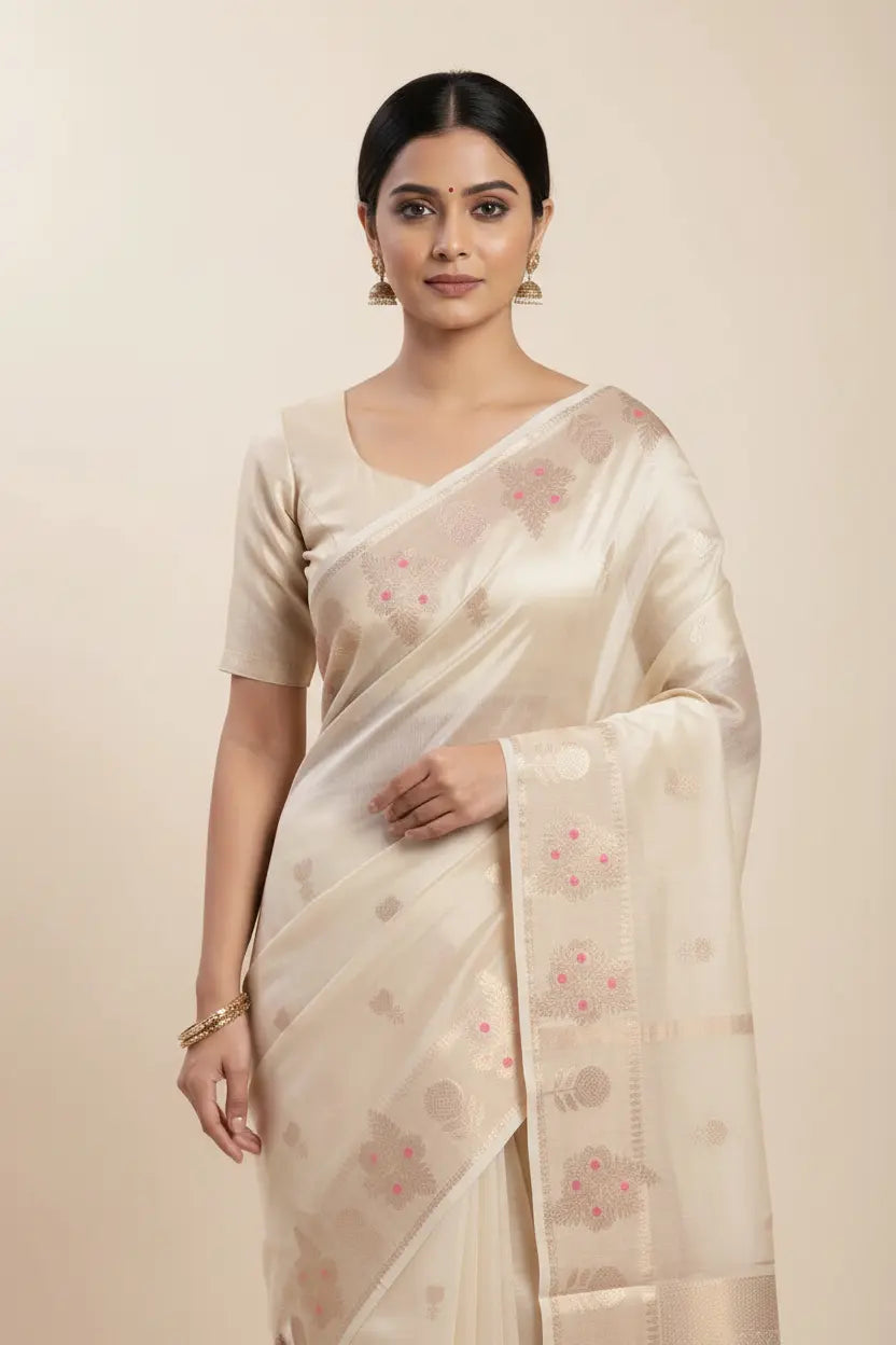 Woman wearing a beige saree with subtle patterns on a beige background