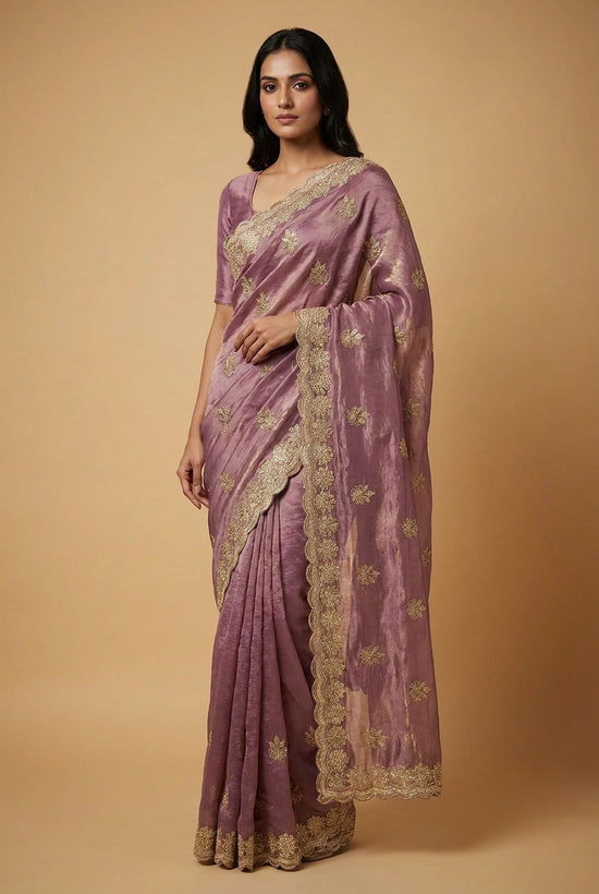 Tissue Embroidered Saree with Mirror Embroidery for Cocktail Night
