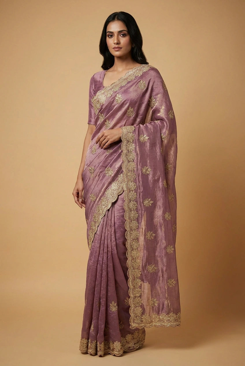 Tissue Embroidered Saree with Mirror Embroidery for Cocktail Night