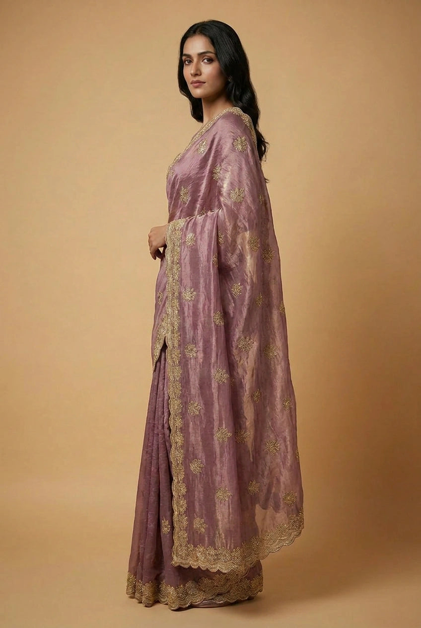 Tissue Embroidered Saree with Mirror Embroidery for Cocktail Night