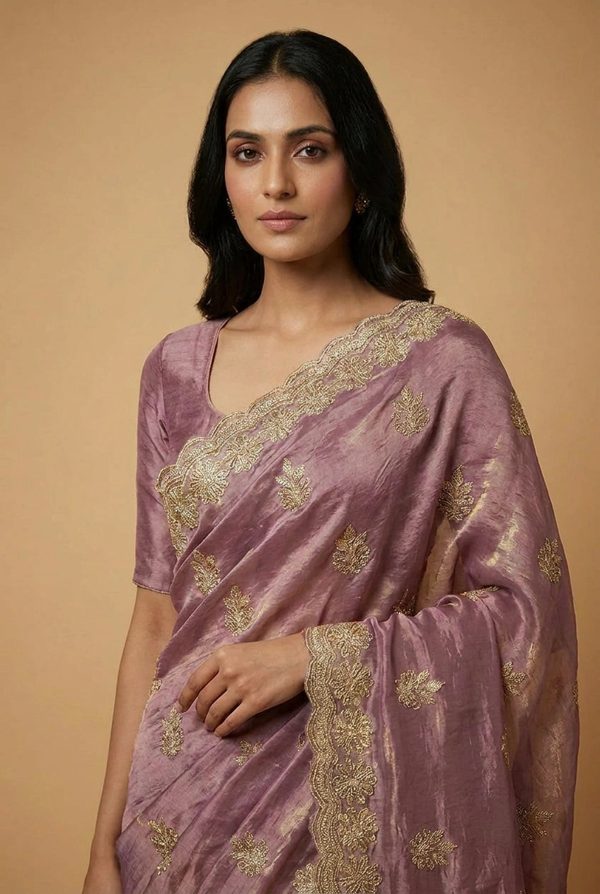 Tissue Embroidered Saree with Mirror Embroidery for Cocktail Night