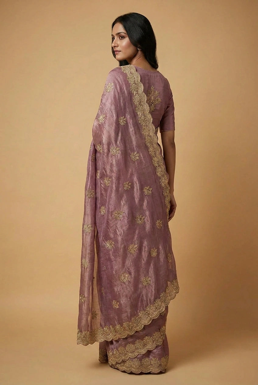 Tissue Embroidered Saree with Mirror Embroidery for Cocktail Night