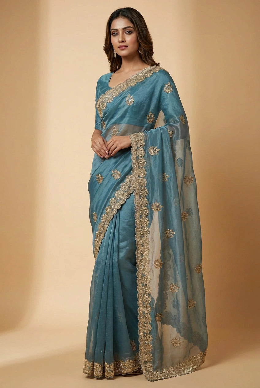 Tissue Embroidered Saree with Mirror Embroidery for Cocktail Night