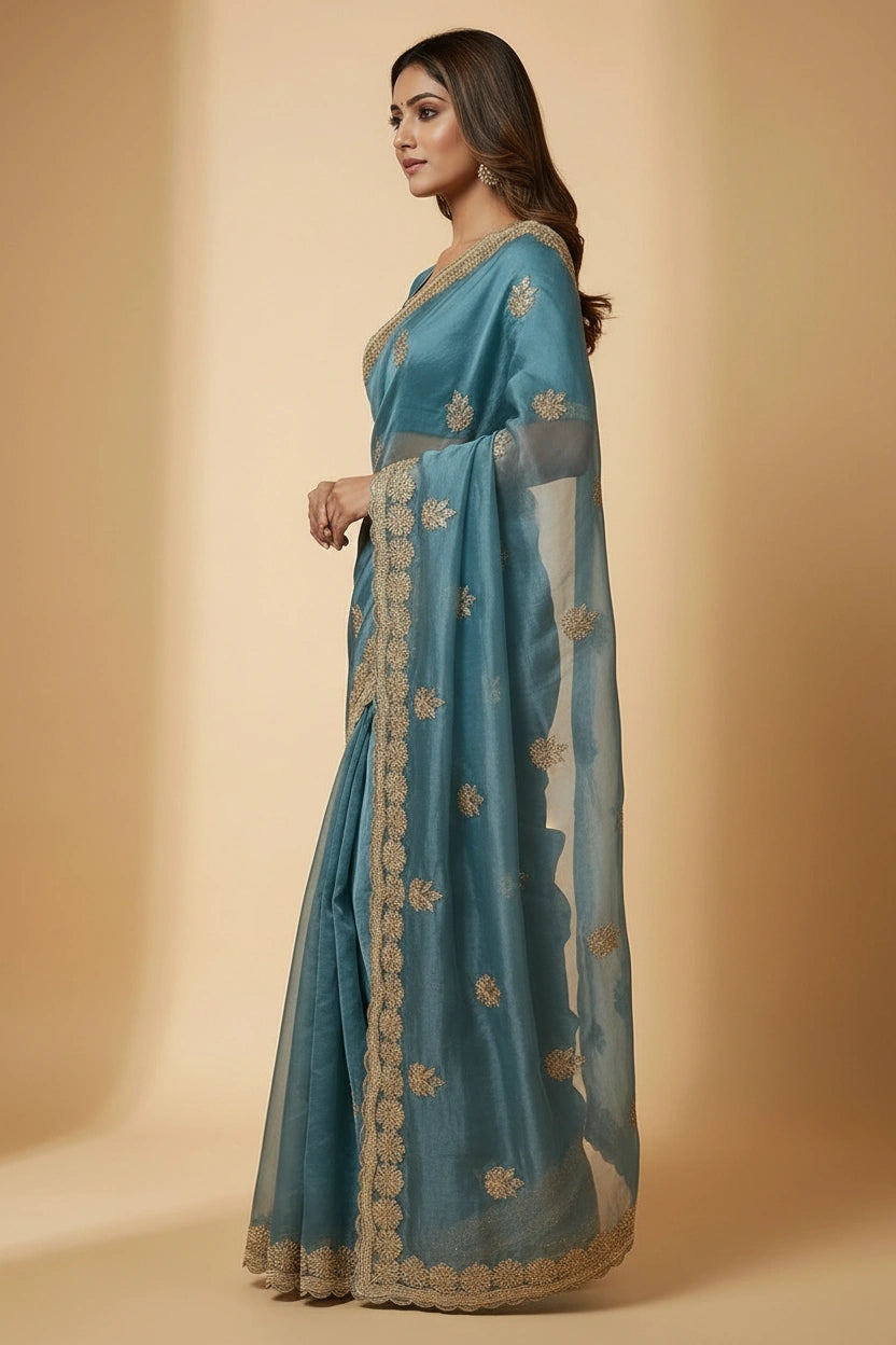 Tissue Embroidered Saree with Mirror Embroidery for Cocktail Night
