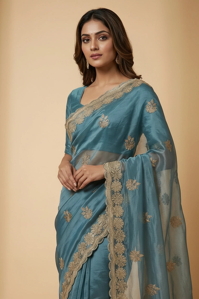 Tissue Embroidered Saree with Mirror Embroidery for Cocktail Night