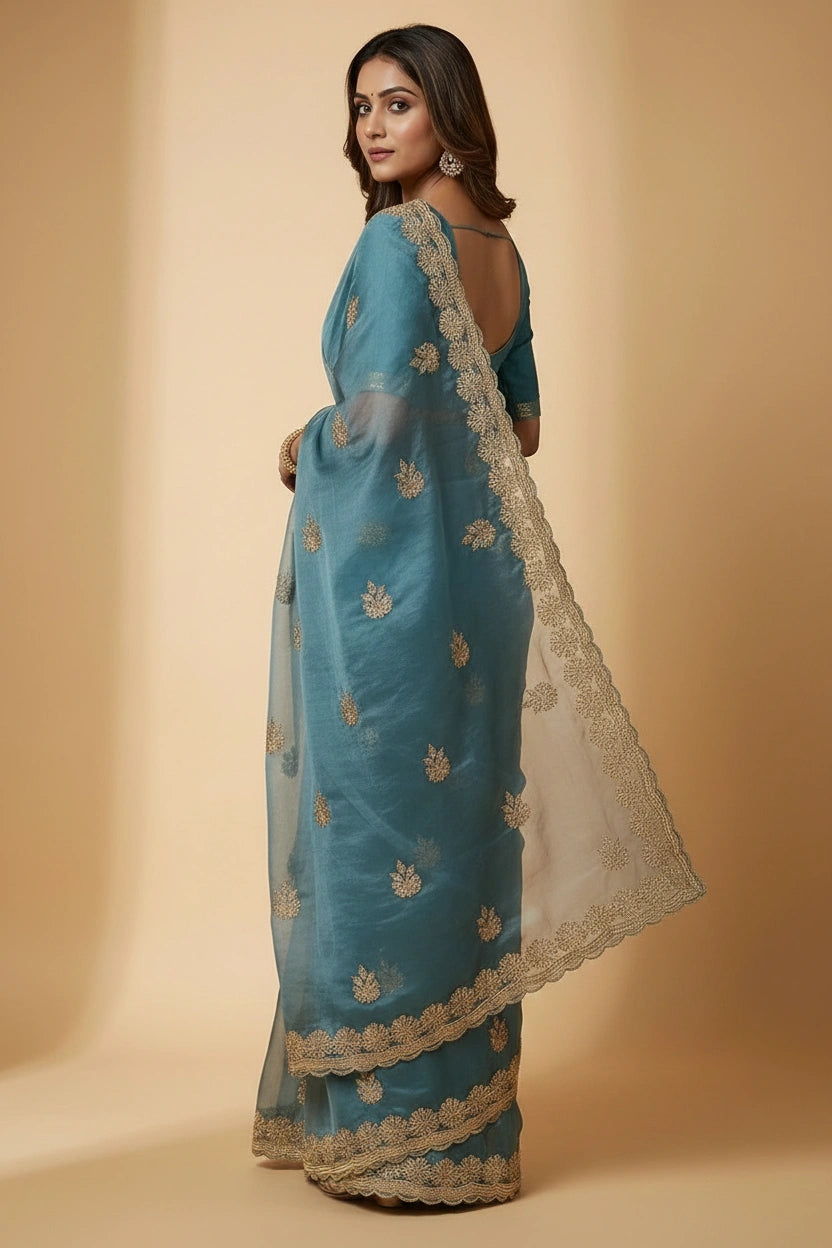 Tissue Embroidered Saree with Mirror Embroidery for Cocktail Night