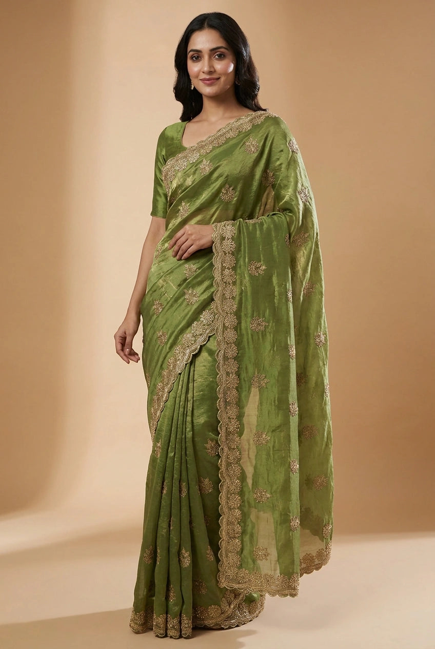 Tissue Embroidered Saree with Mirror Embroidery for Cocktail Night
