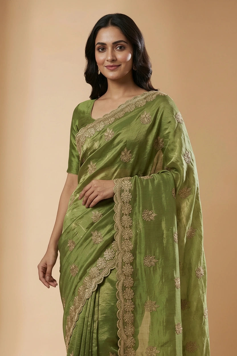 Tissue Embroidered Saree with Mirror Embroidery for Cocktail Night